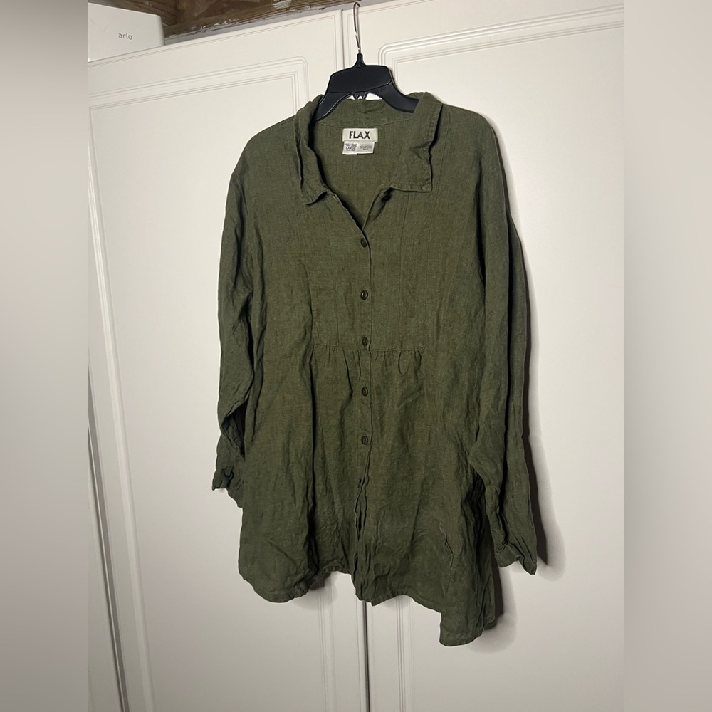 FLAX Linen Tunic Top Olive Green Large Lagenlook Button Front - Picture 4 of 10
